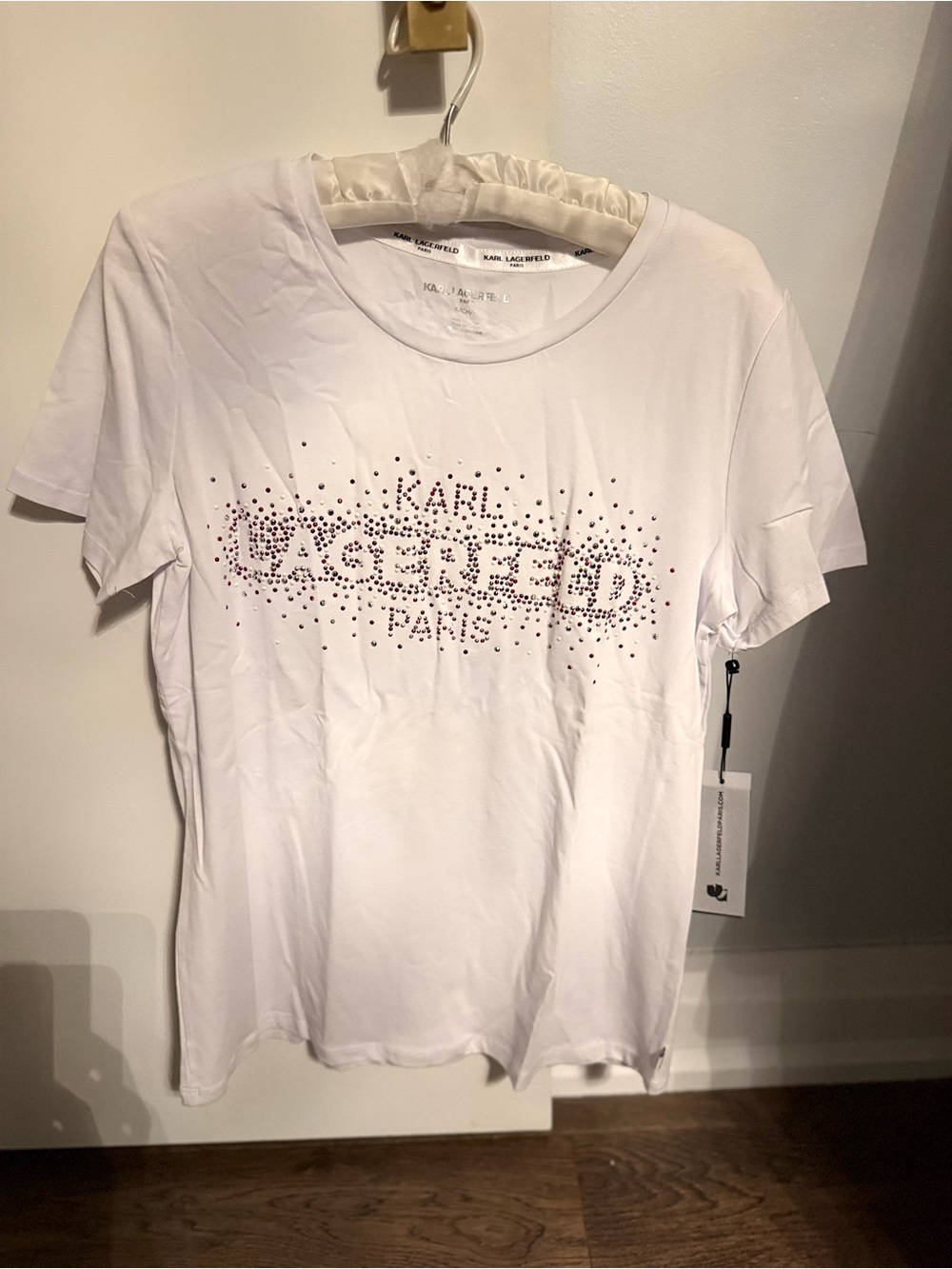 Karl Lagerfeld White Short-Sleeve Logo Tee with Crystal Accents